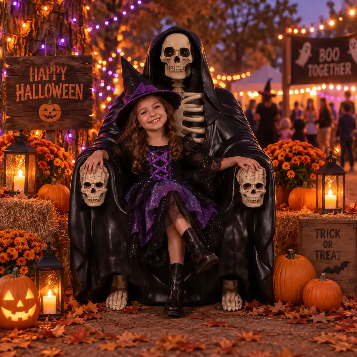 Grim Reaper Halloween photo op seat at an outdoor event